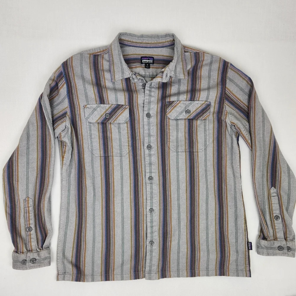 Patagonia Organic Cotton Striped Mid-Weight Button Up.
